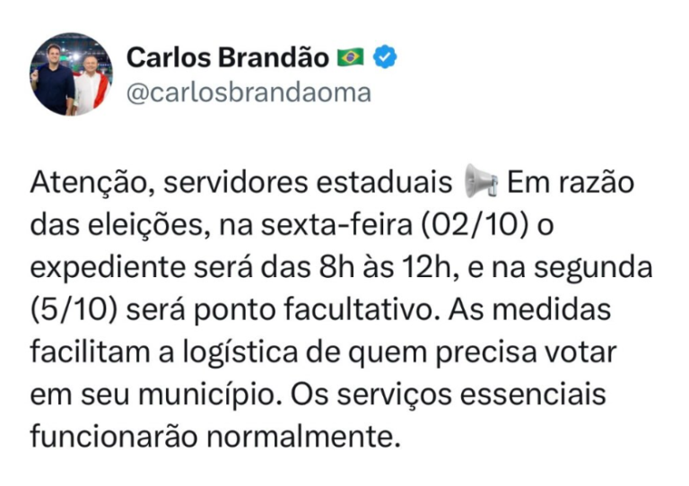 Estado terá expediente reduzido na sexta e ponto facultativo dia 5